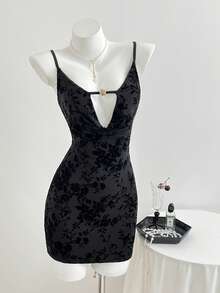 Elamini 女士极简黑色花卉植绒深V领修身迷你连衣裙，春夏款 - 黑色 - 查看 4