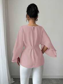 Selianne Women's Spring/Summer French Style Round Neck Batwing Sleeve Tie Waist Satin Blouse, Red Fall Cloth For Women - Pink - View 2