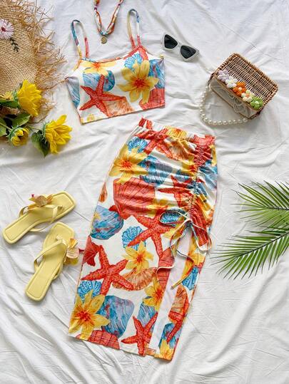 Soleia 女士印花吊带背心和开衩裙两件套，夏季