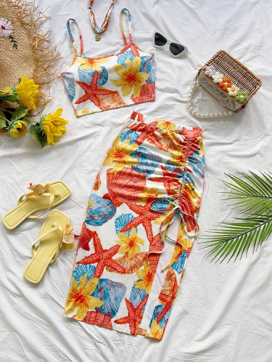 Soleia 女士印花吊带背心和开衩裙两件套，夏季 - 彩色 - 查看 1