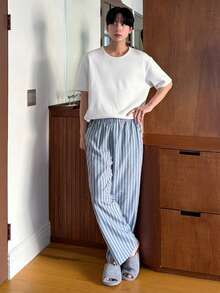 DAZY Pantalones de estar por casa con cintura elástica y rayas para hombre, primavera/verano - Azul - Ver 5