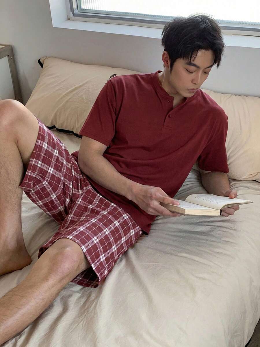 Conjunto de pijama de camiseta de manga corta y pantalones cortos multicolor para hombre, de verano - Multicolor - Ver 1
