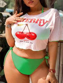 Swim Mod 2026新款加大码女士纯色三角杯挂脖性感比基尼套装，带透视半袖，三件套简约时尚度假休闲泳装 - 綠色 - 查看 3