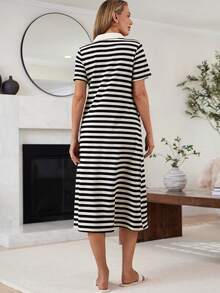 SHEIN 孕妇夏季休闲通勤黑白条纹印花Polo领连衣裙 - 黑與白 - 查看 2
