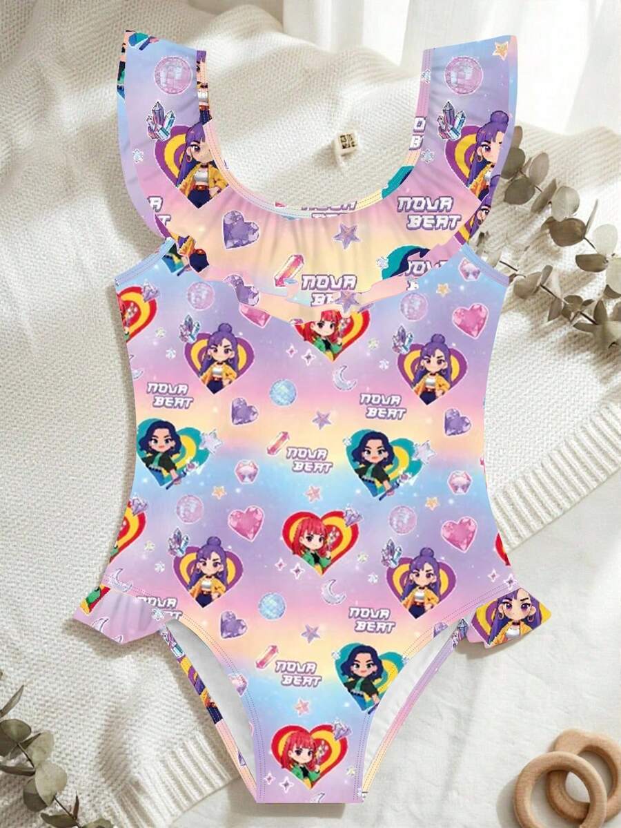 Sparklyn Young Girl Gradient Color Heart & Letter Print Cartoon Character Beach Vacation One-Piece Swimsuit, Summer - Purple - View 1