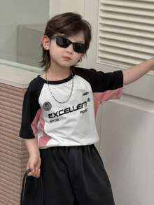 DAZY Camiseta de manga corta de cuello redondo con estampado de letras de bloques de color para niño en verano - Blanco - Ver 5