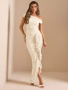 SHEIN BAE Solid Color Elegant Green Date & Sage Green Ruffled Neck Tie Sleeve Pleated Ruffle Hem High Slit Asymmetric Shoulder Gathered Dress Luxurious Women's Lace Bodycon Dress, Party Dress, Romantic Date Dress, Bridesmaid Mini Dress, Prom Dress, Birthday Mini Dress - Apricot - View 6