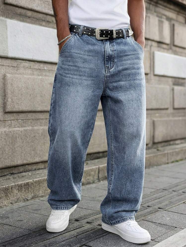 GALLERY FADE Men's Washed Blue Casual Wide Leg Loose Fit Denim Jeans Going Out Urban Hang Out Vacation Work - Light Wash - View 1