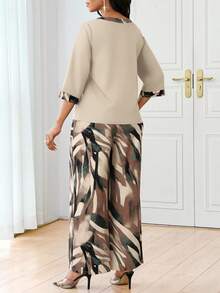 SHEIN Lady 大码撞色圆领休闲宽松七分袖百搭两件套阔腿裤套装上衣和裤子套装阔腿裤女士飘逸长裤女士端庄两件套女士端庄套装女士两件套优雅搭配女士休闲套装女士优雅时尚套装女士两件套 - 彩色 - 查看 2