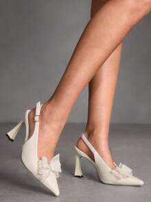 CUCCOO SZL 女士米色网纱蝴蝶结高跟鞋，尖头露跟高跟派对伴娘鞋 - 米色 - 查看 7