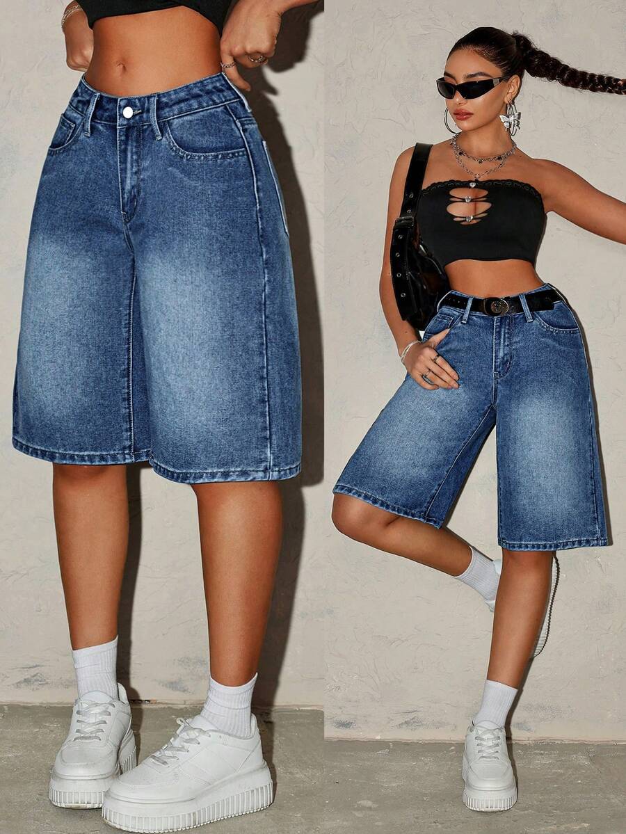 SHEIN ICON Quần short denim nữ kiểu dáng thường ngày, có túi và cúc. - Màu xanh lam - Xem 1