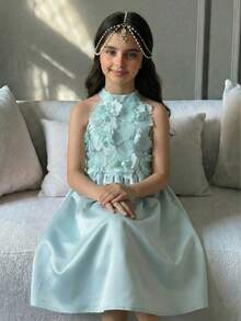 SHEIN Young Girl Solid Color 3D Floral Sleeveless Pullover Dress - Green - View 2