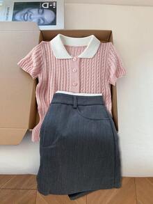 Lyxana Cárdigan de punto casual de mujer con solapa de color contrastante y manga corta de un solo botonadura - Rosa - Ver 1