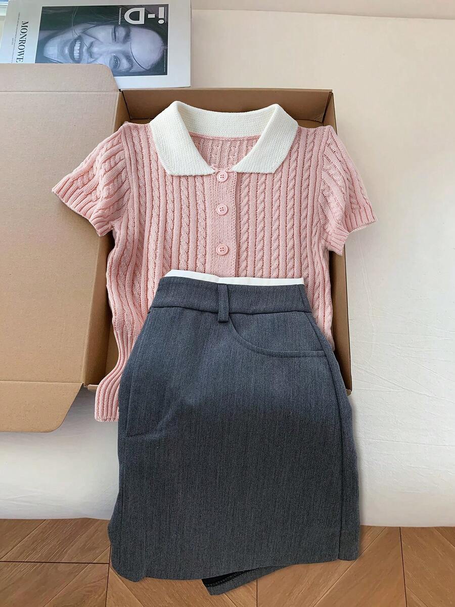 Lyxana Cárdigan de punto casual de mujer con solapa de color contrastante y manga corta de un solo botonadura - Rosa - Ver 1