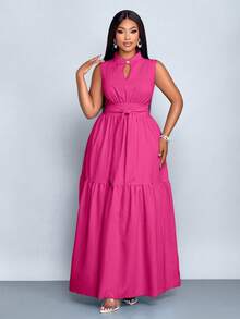 SOLERSUN 加大码蓝色立领前开襟无袖束腰系带连衣裙女式优雅休闲时尚通勤外出连衣裙夏季新款女装 - 玫紅色 - 查看 3