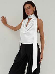 Aloruh 女士杏色优雅女神伴娘婚礼派对约会浪漫度假飘逸露背吊带性感上衣，夏季 - 白色 - 查看 5