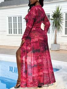 女士镂空领口网纱印花系带长款休闲衬衫，适合度假、通勤、聚会、春夏穿着 - 彩色 - 查看 2