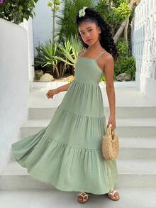 Tween Girls' Casual Vacation Ruffle Strap Backless Bow Tie Dress, Green, Spring/Summer Green Dress For Girl Ruffle Dress Bow Back Dress Sage Dress Girl Girl Tiered Dress - Green - View 2