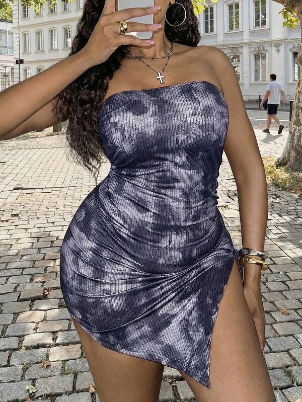 Dripcurv Vestido mini asimétrico sexy con efecto tie-dye para mujer talla grande, vestido mini ajustado sin tirantes, moderno urbano, atuendo para Año Nuevo.