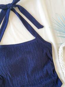 SHEIN 少女修身休闲简约舒适纹理面料吊带背心 - 藏蓝色 - 查看 3