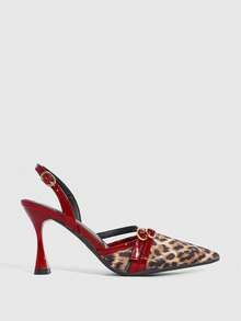 CUCCOO SZL 女士尖头高跟鞋，9厘米，优雅酒杯造型，后跟系带，易于穿脱，豹纹拼接，酒红色搭扣，女王范儿十足。这款豹纹高跟鞋适合日常穿着、派对、圣诞节、情人节约会、春节感恩节聚会等场合。 - 酒紅色 - 查看 2