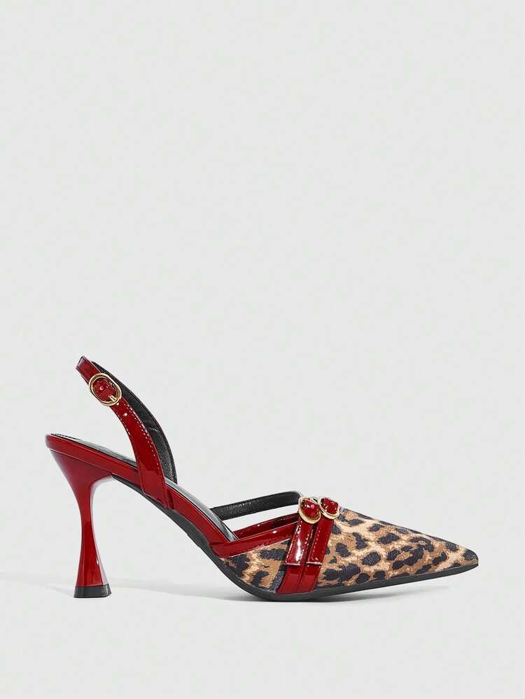 CUCCOO SZL Women's High Heels Pointed 9CM Women's Elegant Wine Glass And High Heels Back Strap Easy To Wear Leopard Print Splicing Burgundy Buckle Queen Leopard Print High Heels Suitable For Daily/Party/Christmas/Valentine's Day Dating/Spring Festival Thanksgiving Party/Women's Shoes Spring Shoes