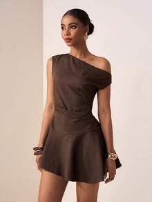 Zivah 2026春夏新款音乐节、复活节、圣帕特里克节、情人节、约会、西部风情、游牧风、生日派对、毕业典礼、大学、学生、日常穿着、百搭基础款、休闲、度假、邮轮旅行、海滩、日光浴、爆款、街头风、婚礼宾客波西米亚风、通勤、早午餐、机场、派对、假日郊游、办公室穿着不对称肩部A字亚麻棕色连衣裙 - 棕色 - 查看 4