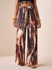 Zivah 2026春夏新款宽松高腰棕色扎染印花格子女裤，适合音乐节、复活节、波西米亚风、西部游牧风、休闲、海滩度假、日常穿着。 - 棕色 - 查看 6