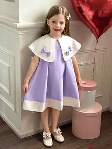 Elladie kids Young Girls White Collar Bow Design Loose A-Line Dress - Mauve Purple - View 4