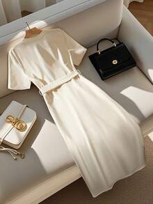 GlowEve Women's Elegant Simple Round Neck Single Breasted Short Sleeve Belt Midi Dress - Apricot - View 2