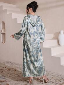 Al Najma 女士春夏蓝色扎染数码豹纹长袖连帽开衫和传统土耳其/阿拉伯长袍 - 藍色 - 查看 2