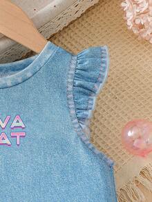 SHEIN 女童字母和卡通女孩印花圆领短袖连衣裙 - 藍色 - 查看 4