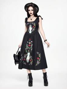 ROMWE Women's Mysterious Gothic Plant Palm Vine Print Sleeveless Dress - Black - View 1