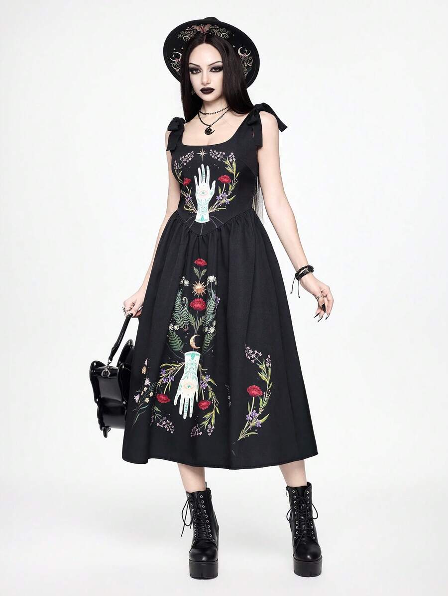 ROMWE Women's Mysterious Gothic Plant Palm Vine Print Sleeveless Dress - Black - View 1