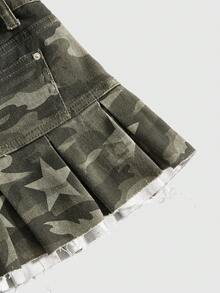 ROMWE Grunge Punk Y2K复古性感朋克迷彩星星褶皱迷你牛仔裙 - 軍綠色 - 查看 4