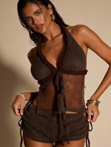 SHEIN BAE Women's Backless Tie-Front Camisole And Shorts Set,Dark Brown,Summer,Casual,Beach,Vacation,Holiday,Spring Two-Piece Set For Party,Dates,Picnics - Brown - View 2