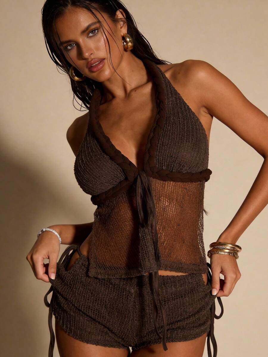 SHEIN BAE Women's Backless Tie-Front Camisole And Shorts Set,Dark Brown,Summer,Casual,Beach,Vacation,Holiday,Spring Two-Piece Set For Party,Dates,Picnics