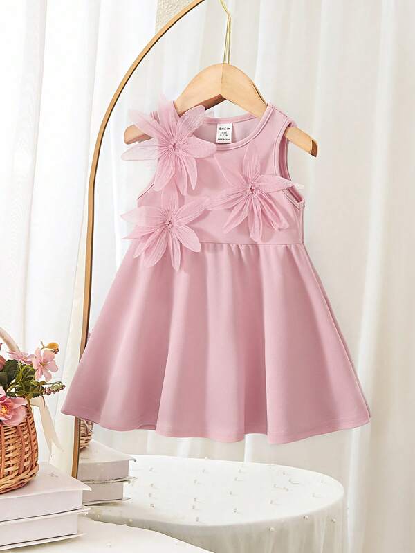 SHEIN Babygirl Elegant & Cute Floral Print Sleeveless Summer Dress, Pink