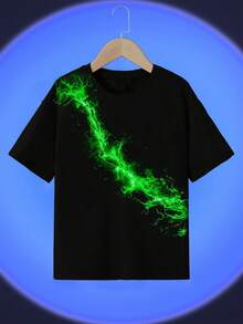 SHEIN 男童休闲时尚酷炫经典霓虹印花短袖圆领T恤，适合夏季穿着 - 黑色 - 查看 1