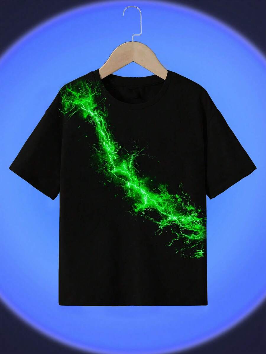 SHEIN 男童休闲时尚酷炫经典霓虹印花短袖圆领T恤，适合夏季穿着 - 黑色 - 查看 1