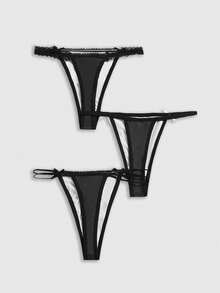 ROMWE Goth 3件套哥特式十字翅膀蕾丝边丁字裤套装 - 黑色 - 查看 2