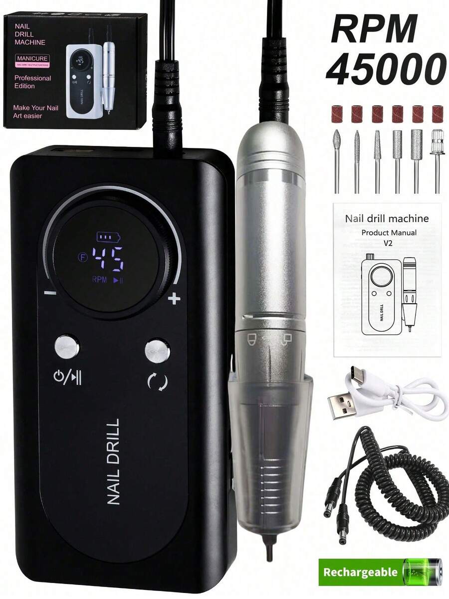 Teckwe 45000RPM Nail Drill Machine Rechargeable Nail File Nails Accessories Gel Nail Polish Sander Professional Tool Manicure Set - Black - View 1
