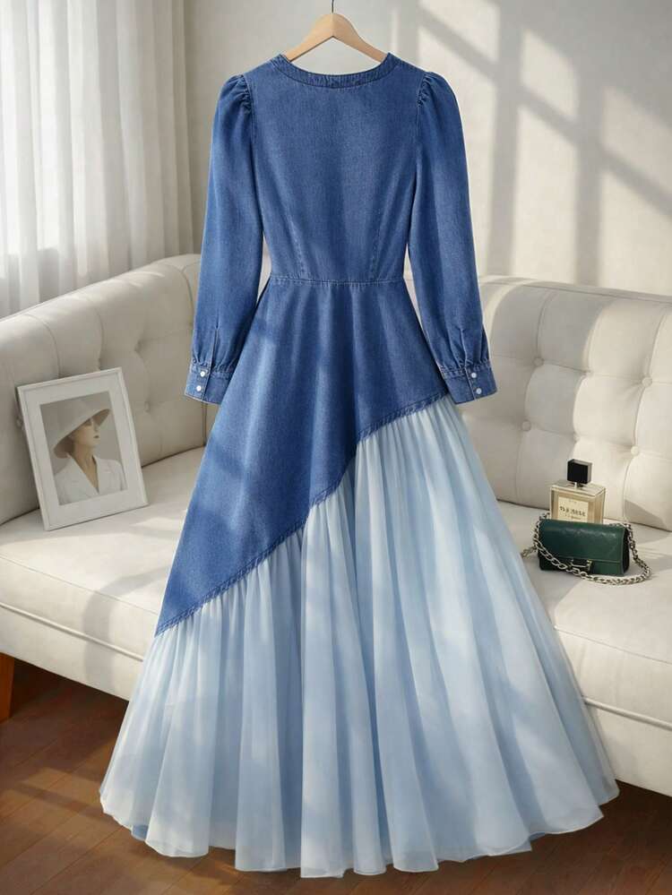 GlowEve Women's Color Block V-Neck Button Ruffle Hem Long Sleeve Denim Dress - Blue - View 2