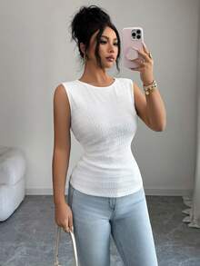 Elenzga Blusa de punto sin mangas con textura y fruncido lateral, de estilo casual y elegante para mujer - Blanco - Ver 5