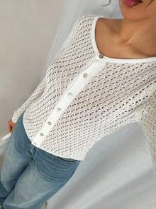 Glamine Cárdigan de punto con diseño calado de unicolor casual, primavera/verano - Blanco - Ver 5