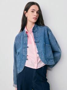 Nöista Denim Jacket With Oriental Style Button, Regular Fit, Mao Collar And Front Pockets, Chinese Style Jacket. Spring, Summer Outfit, Casual Outfit For Women. - Medium Wash - View 3