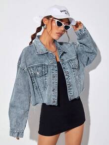 Rivivi Women's Drop Shoulder Long Sleeve Single-Breasted Casual Frayed Denim Jacket - Blue - View 7