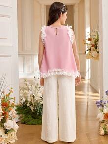 SHEIN Tween Girl Lace Trim Round Neck Sleeveless Asymmetrical Hem Knit Top And Wide Leg Pants Casual 2 Pieces Set - Red - View 2