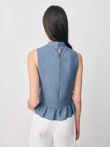 Nöista Sleeveless Blouse With Lace Stripes, A Medium Neckline, And A Ruffled Hem And Back Button Closure. Spring, Summer, Easter. - Navy Blue - View 2