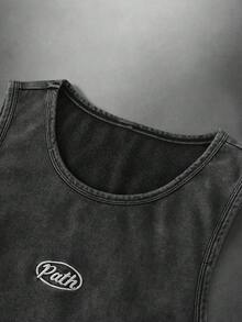 PAVTROS 男士字母刺绣圆领休闲宽松背心 - 黑色 - 查看 3